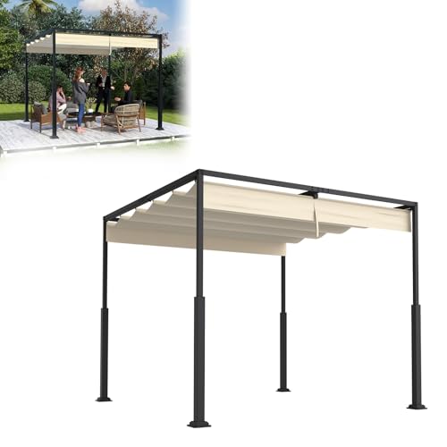 Froadp Pergola autoportante de 3 x 3 m avec cadre en acier durable et toit ouvrant réglable en polyester revêtu de PA de 160 g, auvent de terrasse résistant...