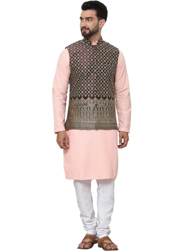Image of SOJANYA (Since 1958 Men's Cotton Linen Maroon Kurta and White Pyjama with Mustard Cotton Nehru Jacket