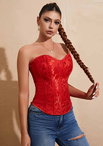 Moessa Women's Lace Up Boned Overbust Corset Tube Top Zipper Waist Cincher Bustier Bodyshaper Tops 993-Red-Xl #TOP3