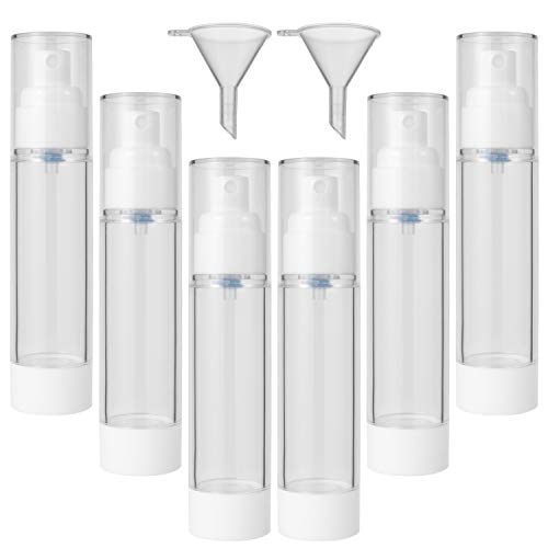 Zfitei Airless Spray Bottles,50ml/2oz Empty Fine Mist Travel Size Plastic Bottles,Clear Refillable Spray Bottle with 2pcs Funnels(6 pack).