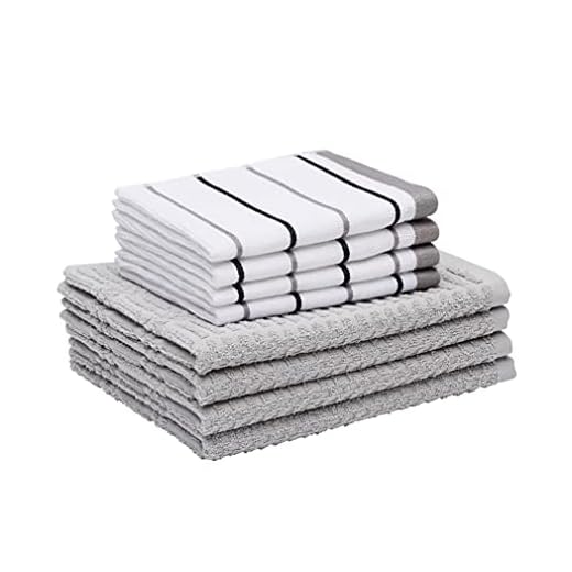 Amazon Basics 100% Cotton Kitchen Dish Cloth (12x12) & Towel (26x16) Set, Absorbent Ringspun - 8-Pack, Grey Stripe