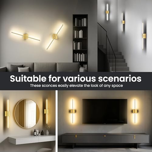 Battery Operated Wall Sconces Set of Two, 10000mAh Rechargeable Wall Lights with Remote Control, 360° Rotate Dimmable Black Gold LED Wireless Lighting for Bedroom, Living Room, Hallway, 29 Inch, 3CCT - 5