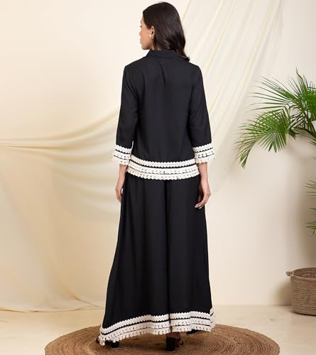 Image of DEEBACO Women's Solid Summer Cool Ankle Length Shirt with Palazzo|Shirt Collar|Cord Set for Women Fashion|Long Jumpsuits Western Dress for Women Stylish|Two Piece Co ord Set|Party Casual Wear(Black)