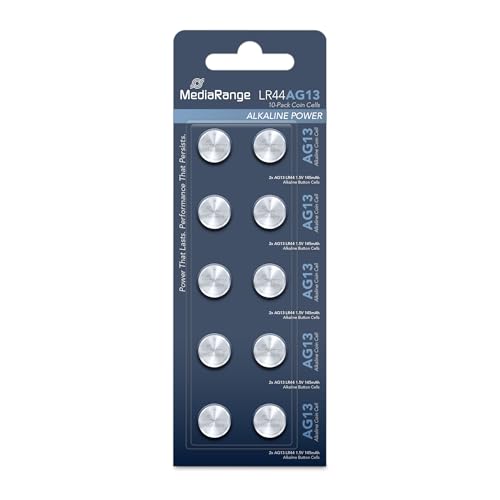 MediaRange MRBAT113 Household Battery Single-Use Battery SR44 Alcalino 1,5 V - Pilas (Single-Use Battery, SR44, Alcalino, Botón/Moneda, 1,5 V, 10 Pieza(s)), Azul/Blanco