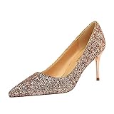 JOEupin Damen Pailletten Mid Heel Hochzeit Pumps Spitz Zehe Glitzer Brautschuhe, champagnerfarben, 38 EU