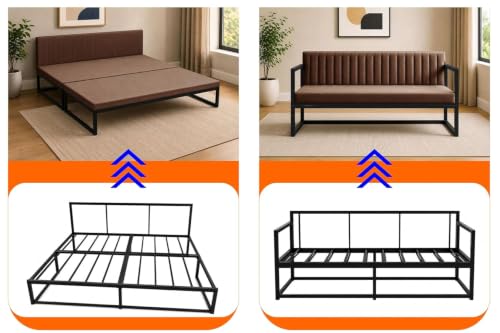 Image of Metal Sofa Cum Bed Modern Industrial Design Metal Frame 3 Seater Sofa Bed for Home, Office & Lounge-Brown