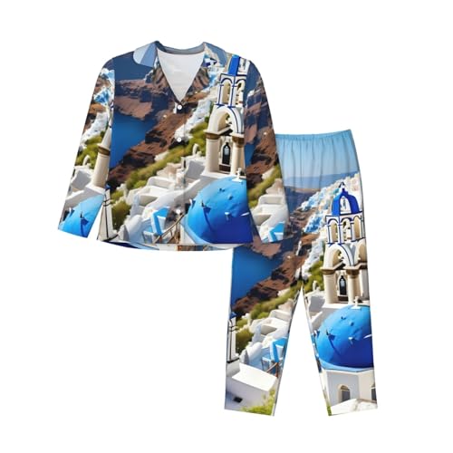 Pyjama 2 pièces femme imprimé île grecque vêtements de nuit manches longues pour dormir