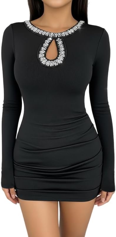 Long Sleeve Dress for Women Rhinestone Bodycon Dress Side Ruched Design Mini Going Out Dress