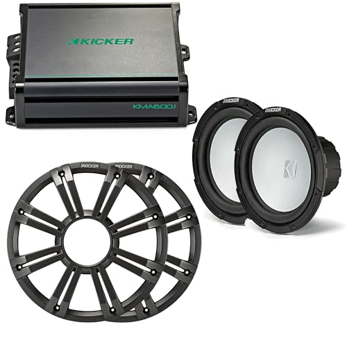 KICKER - Two 10 Inch LED Marine Subwoofers in Charcoal, 1 Pair with 600 Watt Amplifier Bundle