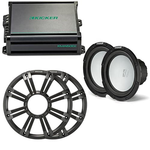 Image of KICKER - Two 10 Inch LED Marine Subwoofers in Charcoal, 1 Pair with 600 Watt Amplifier Bundle