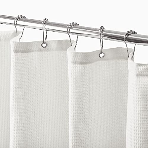 mDesign Long, Polyester/Cotton Blend Machine Washable Fabric Shower Curtain with Waffle Weave and Rust-Resistant Metal Grommets for Bathroom Showers and Bathtubs, 72" x 84" - Stone White