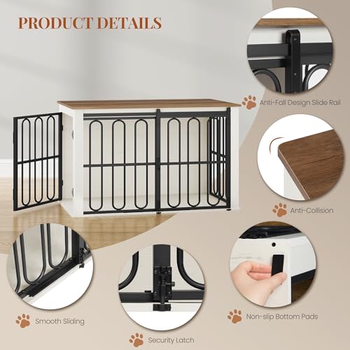 HEXCELEN Hundekäfig-Möbel aus Holz, 100 cm Hundebox für Zuhause, Hundekäfig mit 2 Türen, Schiebetüren, für Kleine, Mittlere Hunde, Robuster, Beistelltisch, 100 x 60 x 62,4 cm, Weiß Braun