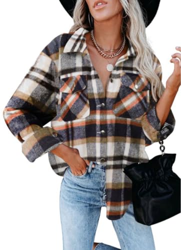 Rayson Camisa Mujer Largo Cuadros Invierno Elegante Franela con Botones Tartan Chaqueta Escoceses Sobrecamisa Mujer (Naranja, L)