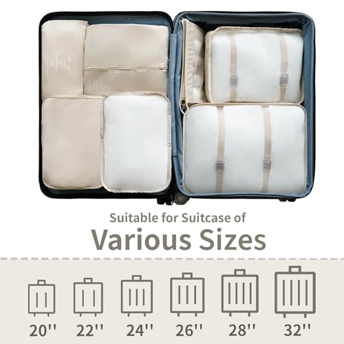Image of Nylon 7 Pcs Travel Organizer Pouch Packing Cubes For Travel Clothes Space Savers Bags Cosmetics /Underwear /Socks /Shoes Toiletry Organiser Pouch (Beige)