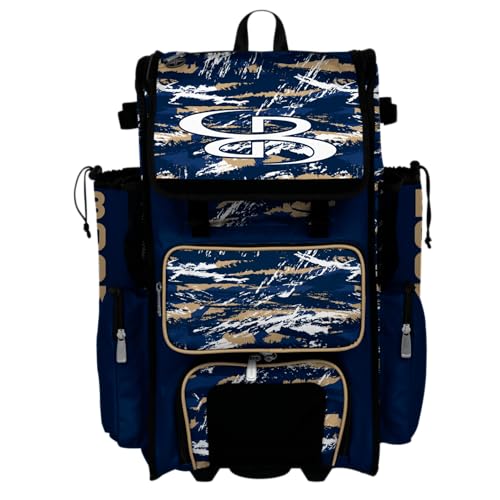 Boombah Superpack Hybrid Rolling Bat Bag - Wheeled & Backpack Version - Razor Navy/Vegas Gold/White