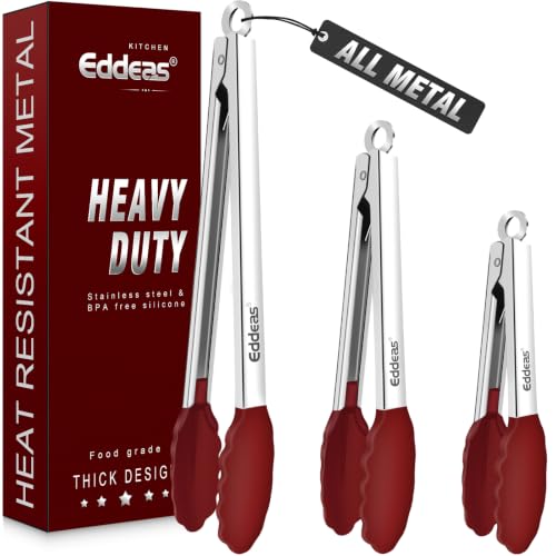 Image of Tongs For Cooking - Silicone Metal Kitchen Tong 7 inch 9 inch & 12 inch Red