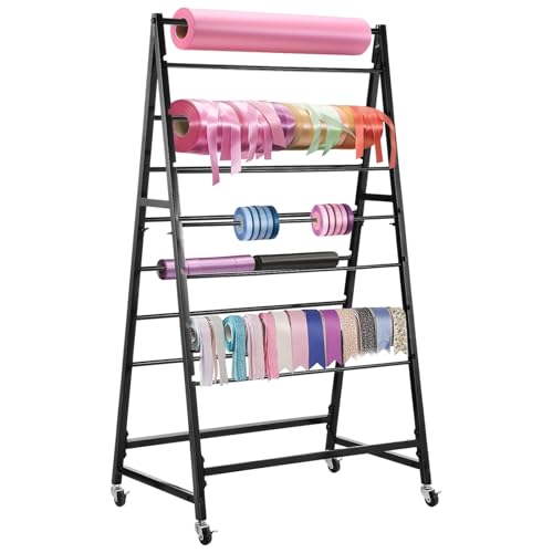 Image of BATTIPAW 15-Tier Ribbon Holder, Double-Sided Ribbon Organizer, Movable Ribbon Storage Shelf with Wheels, Large Capacity Freestanding Wrapping Ribbon Rack for Craft Room, Flower Store