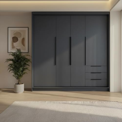A&J MöbelLand KLARI Kleiderschrank 4-türig mit 3 Schubladen – 200 x 215 cm – Drehtürenschrank mit Kleiderstange und Einlegeböden