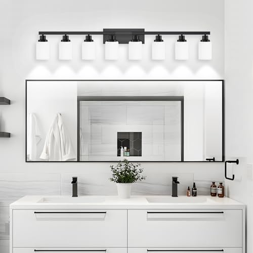Image of 8-Light Bathroom Light Fixtures Over Mirror Black Vanity Light 52in | White Frosted Ribbed Glass Shade Modern Matte Black Vanity Lights Bathroom Wall Lamp Sconces for Mirror E26 Base