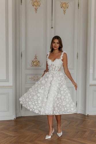 Women's 3D Floral Lace Wedding Dresses for Bride Spaghetti Straps A Line Long Prom Dress Tea Length Bride Dress2