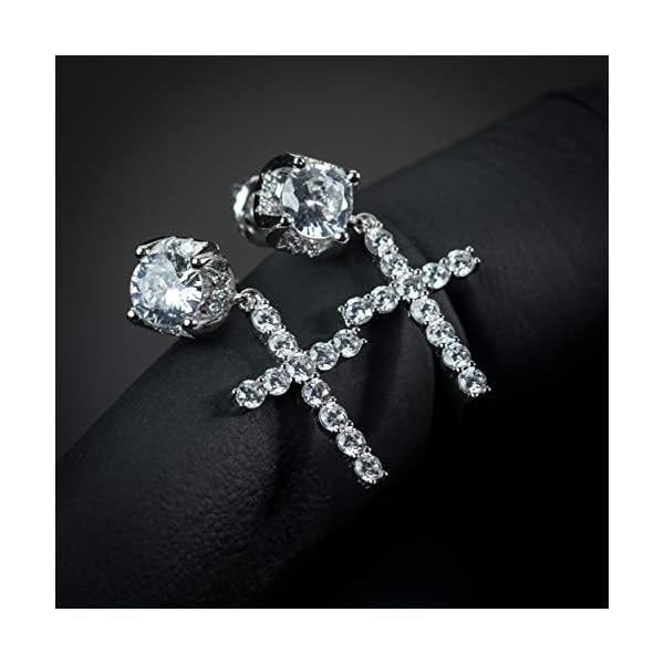 Mens Cross Drop Hanging Sterling Silver Cz Iced Stud Dangle Hoop Earrings - Image 4
