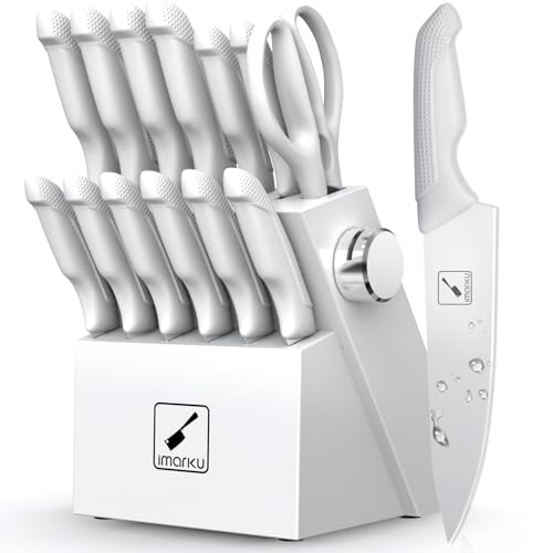 imarku Kitchen Knife Set, Japanese Knives Set for Kitchen, Stainless Steel Knife Set with Block, Kitchen Gadgets, White, Anti-Slip Handle, Dishwasher Safe, Gift for Women