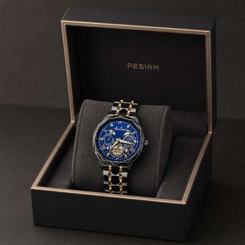 Image of Watch for men,Men's skeletonized quartz watch with black and gold two-tone stainless steel case, analog display, date display, water-resistant, luminous display, men's waterproof quartz watch. (Blue dial, black strap)