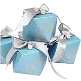 Awcmtpsyol Gift Box Diamond Shape Wedding Favors Decoration Baby Shower Birthday Party Chocolate Packing Candy Boxes for Guests with Ribbon and Pearl (blue box with silver ribbon)