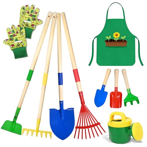 10 Stück Kinder Gartenwerkzeug Set, Metall Gartenwerkzeug Set mit Schaufel, Rechen, Gabel, Arbeitshandschuhen, Schürze, Gießkanne, Komplette Gartenset Spielzeug für Kinder Draußen Garten Hof Rasen (B)