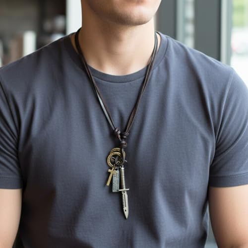 Image of THE MEN THING KNIGHT SILVER SWORD - 2.5-Inch Pure Stainless Steel Pendant with Adjustable Leather Rope for Men & Boys