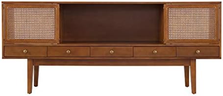 SEI Furniture Simms Midcentury Modern Media Console with Cane Accents, Dark Tobacco