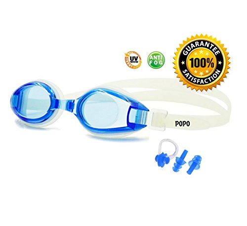 Adult Swim Goggles by POPO - Anti Fog UV Protection with Free Goggle Case, Nose Clip, Ear Plugs - Silicone Strap with Adjustable Clips - Professional Racing Goggles for Triathlon, Men, Women, Youth