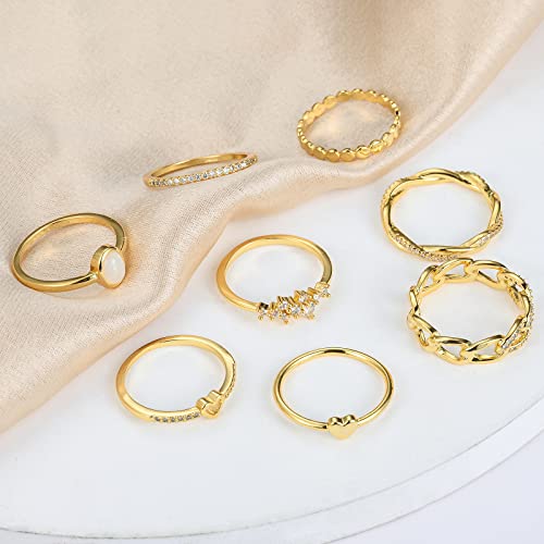 Plomfov 14K Gold/Silver Plate Stacking Rings Set For Women Cz Heart Simple Cute Stackable Rings Dainty Trendy Gold Statement Rings Plain Band Size 4-11 Gold 8 #TOP2