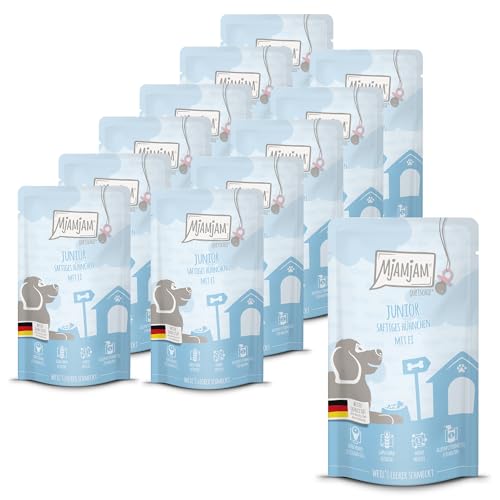 MjAMjAM - Comida húmeda Premium para Perros - Quetschie - Júnior - Pollo jugoso con Huevo, Pack de 12 (12 x 125g), sin...