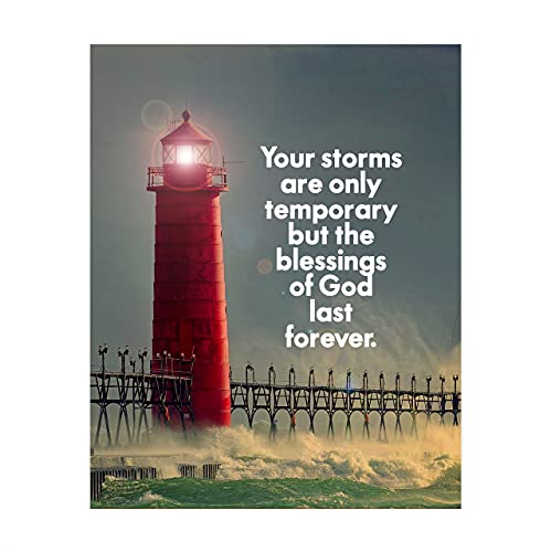 "Storms Temporary-Blessings of God Last Forever" Inspirational Quotes Wall Art-8x10" Christian Lighthouse Print-Ready to Frame. Nautical Home-Office-Church-Ocean Themed Decor. Great Gift of Faith!
