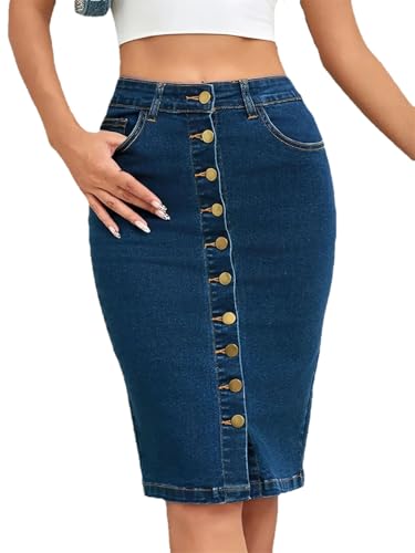 Women's Casual High Waist Denim Skirt Slit Stretch A Line Mid Rise Long Jean Skirt