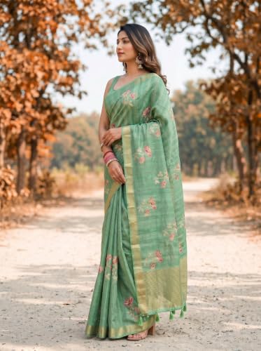 Image of MIMOSA Women's Pista Art Silk Banarasi Saree (Unstitched Blouse) | embrodiary | 6.2 Mtrs