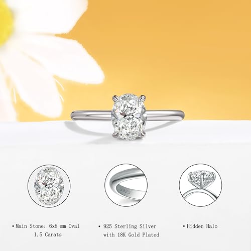 SILVERNANA Oval Moissanite Engagement Ring for Women Sterling Silver Solitaire Moissanite Rings 1.5 Carat Oval Cut Moissanite Promise Wedding Ring Size 7.5 — view 2