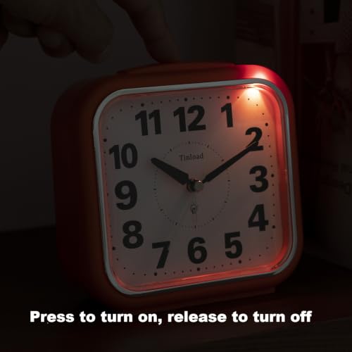Image of Tinload 5.5 inch Large No Ticking Analog Alarm Clock,Silent Readable for Seniors,Easy to Set,Gradual Rise Alarm,Big Numbers,Gentle Wake,Snooze, Lighted on Demand,Battery Operated,Orange