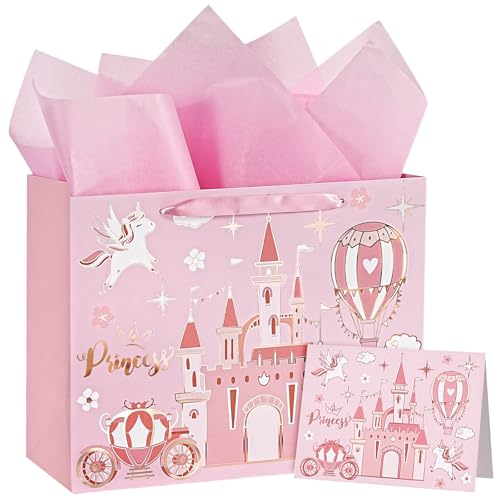 WRAPAHOLIC 13 Princess Birthday Gift Bag with Card and Tissue Paper - Pink Princess Castle Design Bags for Girls Birthday Baby Girl Shower