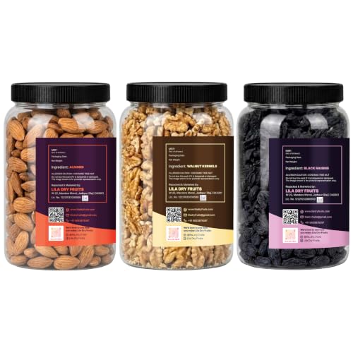 Image of LILA DRY FRUITS Dry Fruits Combo Pack of Almonds, Walnuts & Black Raisins 100 Gms x 3 Mixed Nuts and Raisins for Healthy Snacking, Breakfast Perfect for Gifting