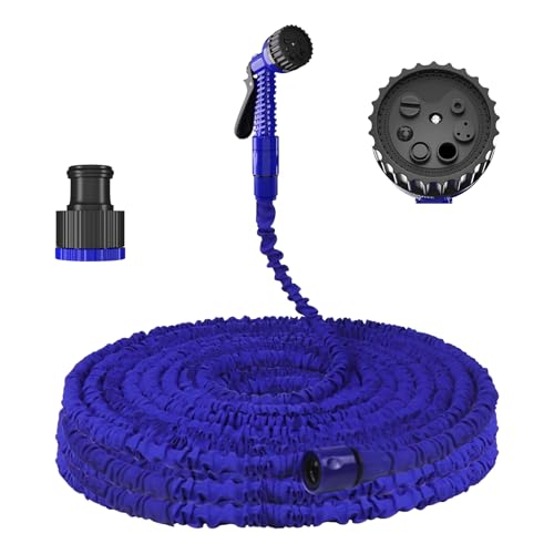 Expandable Garden Hose, 150FT Heavy Duty Water Hose, 3 Times Flexible Expanding Magic Garden Water Hose Pipe with 3/4", 1/2" Fittings and 7 Function Spray Gun, for Pet Cleaning, Watering Garden