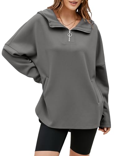 EVALESS Women's Oversized Hoodies Casual Long Sleeve Half Zipper Pocket Sweatshirt Pullover Tops