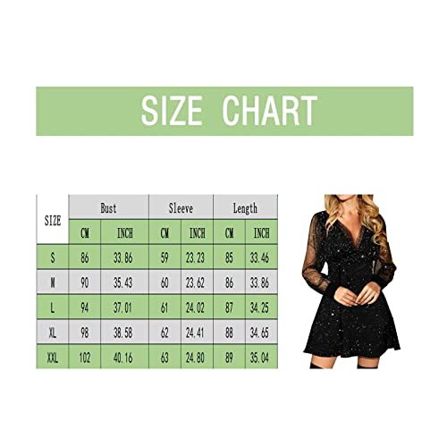 Ewrt Women's Retro Sheer Glitter Party Dress Long Sleeve Sequins Mesh Club Bodycon Wrap Mini Dress Sexy V Neck Dresses (Black, Xxl) #TOP6