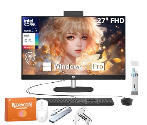 Image of HP All-in-One Desktop Computer, 27 inch FHD Touch Screen, Intel 12-core Ultra 7 155U(Up to 4.8 GHz), Intel IrisX Graphics, 32 GB DDR5, 1 TB SSD, Wired KB & Mouse, Windows 11 Pro, w /REDRAGON-Accessories