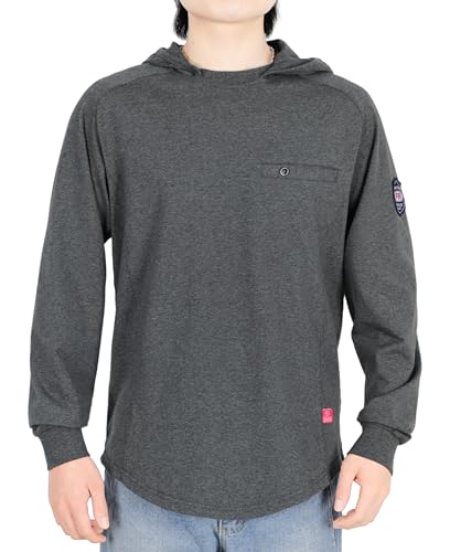 Image of BOCOMAL FR Hooded T Shirts Utility Pocket Fire Resistant Summer Hoodie CAT2 | 6oz Midweight Flame Retardant Cotton Hoodies,Kangaroo /Button Pocket,NFPA2112,Rib-Knit Cuffs,FRC Welding Arc Rated Work Shirt