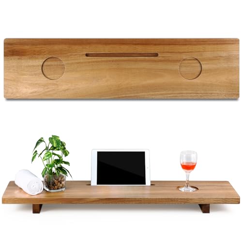 Wenqik Acacia Bathtub Tray Table, 35 x 9 Inch Large Bath Tub Tray Wooden Accessories Holders for Bathtub, Anniversary Wedding Gifts(Wood Color)