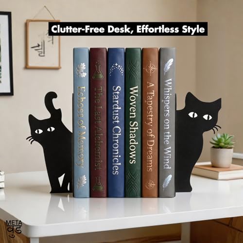 Image of 2 Cat Metal Bookends Set of 2 Heavy Duty Book Ends for Shelves Desk Decorative Bookend Book Organizer Non Slip Book Holder Stand for Office Home Study Room Gifts for Book Lovers