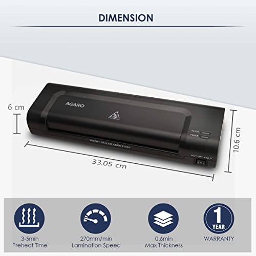 Image of AGARO Icon A4 Lamination Machine with Jam Release Button Supports Hot and Cold Lamination, Fully Automatic, Laminator Machine, and Ideal for Photos, Documents & ID Cards, Black, (33629).