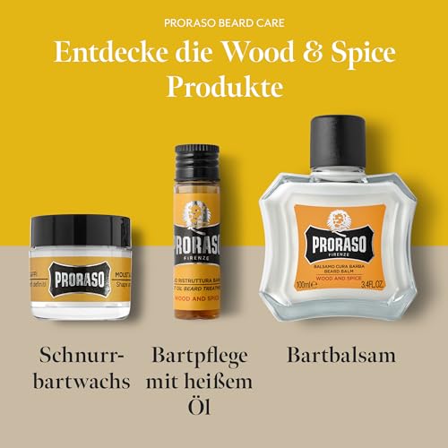 Proraso Moustache Wax, Wood and Spice, 15 ml, Schnurrbart Wachs mit Shea Butter und Bienenwachs für Pflege und Styling des Gesichtshaars, Made in Italy